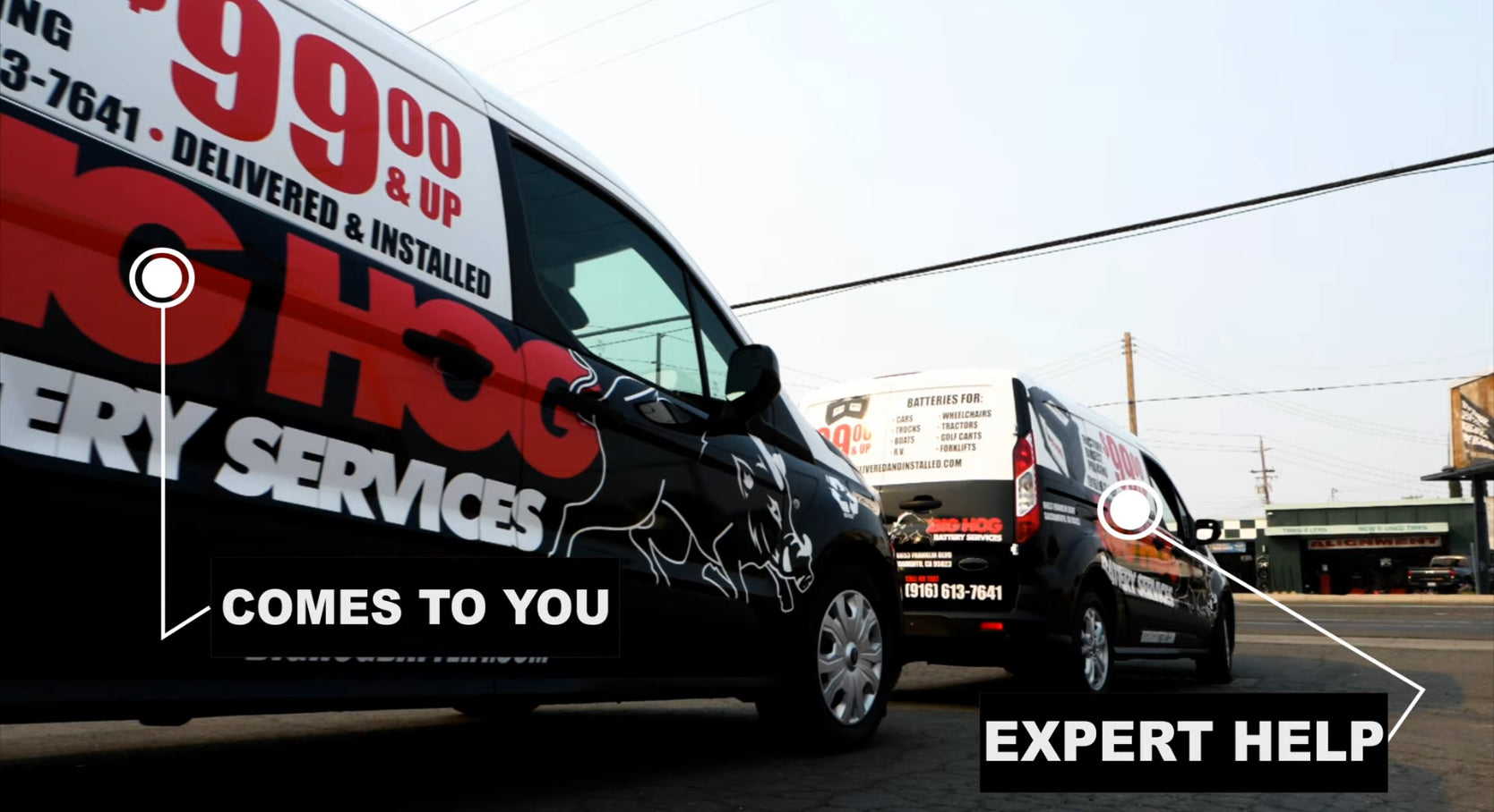 Load video: Need a new car battery? Big Hog Battery delivers on the spot.  With Big Hog Battery Services, you can skip the parts store and repair shop when it’s time for a new battery. Just reach out to us with your battery issue, and a service technician will come to you to test it. We&#39;ll always replace it on the spot!